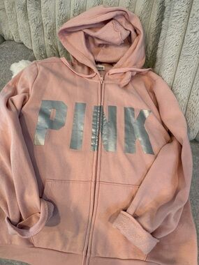 PINK Victoria's Secret Light Pink Zip-Up Hoodie with Metallic Silver Logo